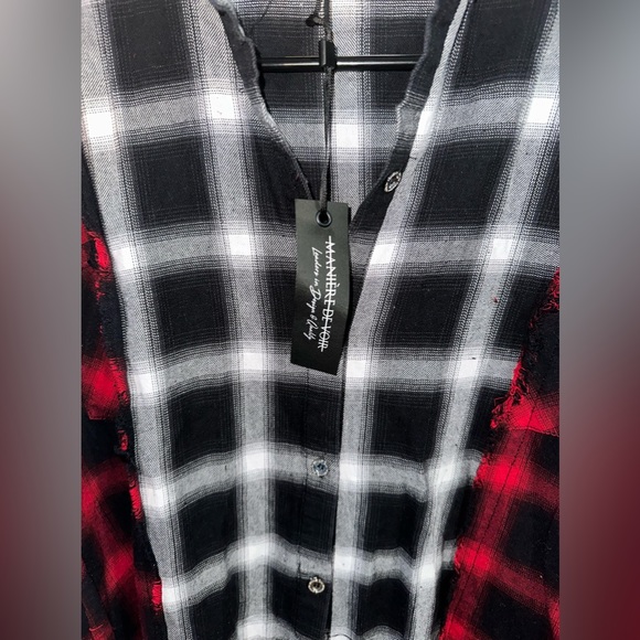 Split Check Oversized Flannel Button Up Shirt Black & Red With Distressing - Picture 3 of 8